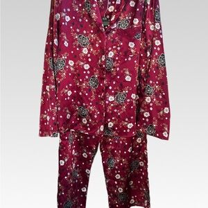 Floral Satin Pajama Set - Burgundy